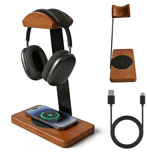 Solid Wooden Headphone Holder, Universal Headset Stand with Wireless Charger for Desk, Wireless Charger Headphone Holder for Gaming Desk Compatible with iPhone Samsung (Black)