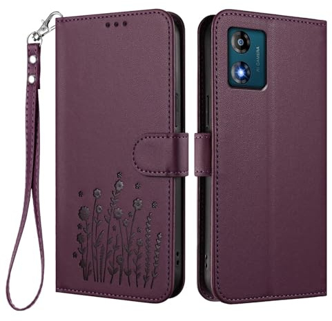 GOGME Funda para Motorola Moto E13, Carcasa de Cuero Floral con Soporte Plegable, TPU Bumper Antigolpes y Diseño Billetera - Púrpura Oscuro