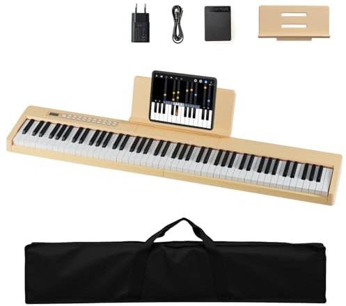 KOMFOTTEU Piano Digital de 88 Teclas, Teclado de Piano con 380 Sonidos, 128 Ritmos, 88 Demos, MIDI, Pedal de Sostenido, Piano Eléctrico Portátil con Soporte para Música, Bolsa de Transporte (Marrón)