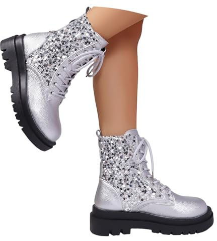 MEECHI Botines Góticos For Mujer Botas Brillantes con Cordones Y Lentejuelas Botines Moteros De Cuero De PU Botas Punk con Plataforma Zapatos De Tobillo Cómodos con Tacón De Cuña For Fiestas(42 EU)