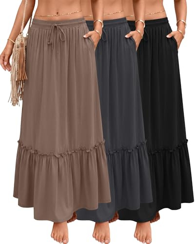 Ficerd 3 Pezzi Gonne Maxi Boho da Donna, Gonne Lunghe a Strati Fluide con Volant, Vita Alta con Coulisse Regolabile e Tasche(Nero, Grigio Antracite, Cachi,M)
