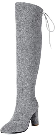 Generico Donna Punta Appuntita Glitterate Stivali Alti alla Coscia Tacco A Blocco Alto Chiusura Lacci Scarpe da Festa O da Ballo con Cerniera,Argento,43 EU