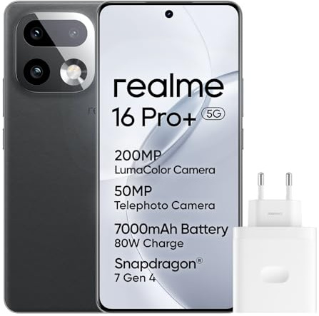 realme 16 Pro+ 5G Smartphone, 8GB+256GB, Display Curvo AMOLED 144Hz 6,8, Batteria 7000mAh, Fotocamera 200MP OIS, IP69K, Ricarica Rapida 80W, Doppia SIM, Next AI, Grigio (Con Adattatore)