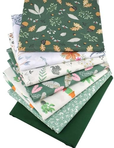 7er Set Baumwollstoff – Stoffe zum Nähen, Patchwork Stoffe, Stoffreste – DIY Stoff für Basteln, Quilten, Deko & Puppenkleidung–100 % Baumwolle, Verschiedene Designs (Grünes Blatt, 50x50cm)