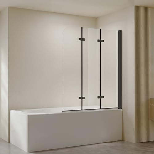 AmuseVera 140 x 140 cm Duschwand für Badewanne Faltbar 3-teilig Schwarz Badewannenaufsatz Duschabtrennung Badewannenfaltwand aus 6mm ESG Sicherheitsglas