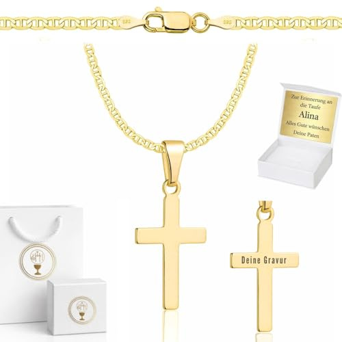 ZELYA Cadena de oro con cruz/medallón chapado en oro 925/585 de 14 quilates para niñas y niños – Cadena de comunión con cruz, cadena infantil para comunión y bautizo, caja de regalo con grabado
