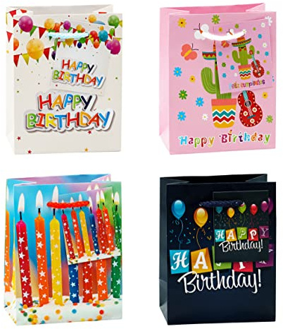 TSI 84024 Sacchetti da Regalo, 4 Motivi per Compleanno, Misura 14 X 11 X 6,5 Cm, Confezione da 12 Pezzi