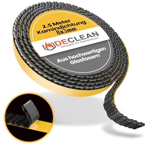 Ofendichtschnur selbstklebend 8x3 mm Kamindichtung hitzebeständig 2,5 m | DeClean Ofendichtband aus Glasfaser - ideal für Kamin- und Ofentüren, bis 550 Grad Celsius belastbar, 2,5 Meter