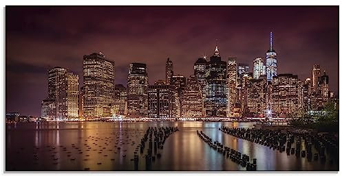 ARTland Wanddeko Glasbilder Wandbild Glas Bild einteilig 60x30 cm Querformat Skyline New York Lichter Panorama Manhattan East River Brooklyn Bridge USA T2QI