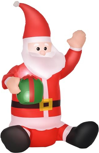 HOMCOM Aufblasbarer Weihnachtsmann 120cm Beleuchtet Weihnachtsdeko | Mit LED Licht, Geschenktüte, IP44 Wasserdichte Weihnachtsdekoration, Aufblasbar Geschenk für Drinnen Draußen Garten Party