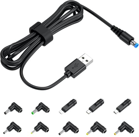 Universal Hohlstecker 5V USB Kabel auf DC Stecker Adapterkabel 5,5x2,1mm zu 10 Stecker: 5,5x2,5mm / 4,8x1,7mm / 4,0x1,7mm / 4,0x1,35mm / 3,5x1,35mm / 3,0x1,0mm / 2,5x0,7mm / Type-C, Micro/Mini-USB