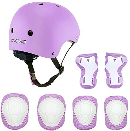 Skateboard Helm Kinder, COOLGOEU 7 in 1 Protektorenset Kinder mit Knieschoner, Ellenbogenschoner und Handgelenkschoner für Inlineskates, Skateboard, Hoverboard, Fahrrad, BMX-Fahrrad (Lila)