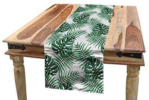 ABAKUHAUS Leaf Table Runner, Palm Mango Banana Tree Leaves in Tropical Wild Safari Island Jungle Image Artwork, Dining Room Kitchen Rectangular Runner, 40 cm x 180 cm, Hunter Green White