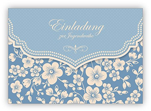 16x Hellblaue Vintage Einladungskarte mit Retro Kirschblüten Muster für Mädchen: Einladung zur Jugendweihe • laden Sie Freunden & Familie ein um Geburtstag, Abschluss, das Leben zu feiern