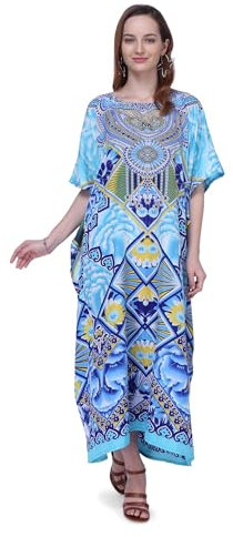 Miss Lavish London Kaftan Tunika in Übergröße, Maxikleid, Nachtwäsche, verziert Gr. 46-50, 132-blau Ferien Geschenke Neu Jahre Geschenk