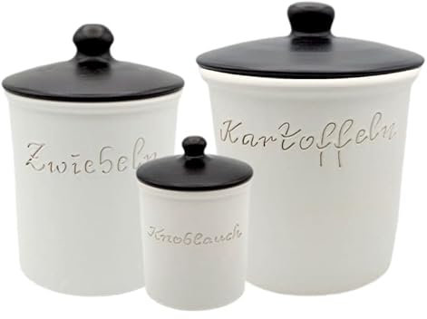 LISINA Keramik & Design - Keramik Set XL (Kartoffeltopf XL, Zwiebeltopf L Knoblauchtopf weiß/schwarz)