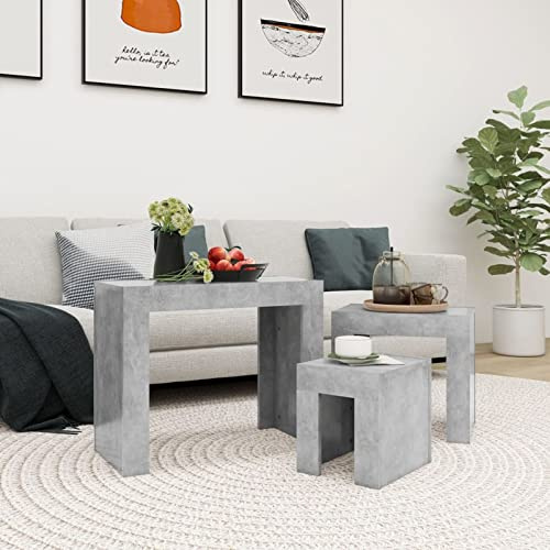 Susany Nesting Coffee Table Set, 3 pcs Modern Minimalist Concrete Grey Chipboard Tables, 61 x 30 x 50 cm, 43 x 30 x 39 cm, 25 x 30 x 29 cm, Bedroom, Living Room, Office