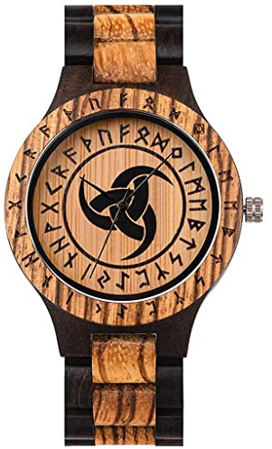 YCYR Herren Wikinger Bambus Holzuhr, Nordische Mythologie Rune Doppelte Farbabstimmung Vintage Handgemachte Quarzuhren Schmuck Geschenk mit Einstellbar Gurt