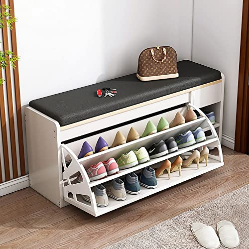Bagewinner Banco Zapatero para Ahorrar Espacio de Madera con Puerta abatible, Triple Profundidad y Asiento de Piel sintética, Pasillo Multifuncional Armario Zapateros Baúl 100x30x50cm(Blanco)