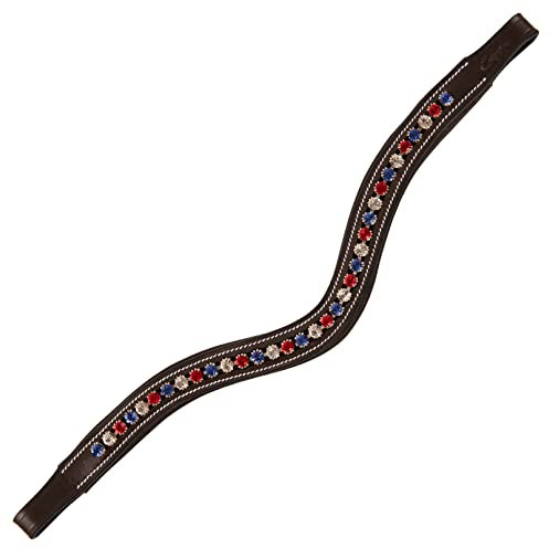 Exion Designer-Stirnband mit Kristallen in Rot, Blau und Weiß| Stirnbänder für Pferde | Diamant-Stirnband | (Schwarz, Warmblut (Übergröße))