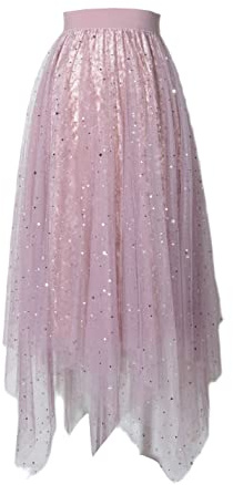 Womens Tulle Skirts Mesh Layered Tiered High Low Asymmetrical Midi Skirt Elastic Waist Tutu Skirts Prom Party (E Pink Mesh, One Size)