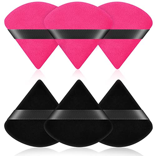 AUAUY 6 PCS Soplos de Polvo, Triángulo Polvos Puffs, Maquillaje Puff con Correa Esponja Herramientas para Maquillaje en Húmedo Seco Cojín Esponja Polvo Suelto o Rubor de Base (3PCSNegro+3PCSRosa Roja)