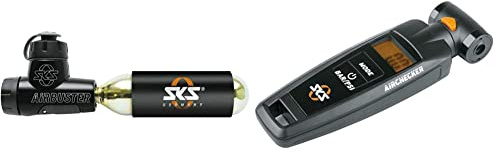 SKS GERMANY AIRBUSTER CO2 Fahrradpumpe für Wettkämpfe (CO2 Luftpumpe), Schwarz & AIRCHECKER (AV/SV) 2. Generation Druckluftprüfer für Fahrräder, Schwarz