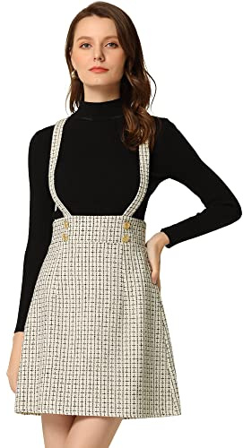 Allegra K Falda de peto, tirantes ajustables, cintura alta, a cuadros, elegante, falda de peto Blanco M