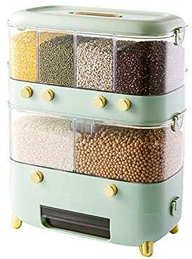 Rice Dispenser with Cup,Wall-Mounted 6 Grid Double Layer Dry Food Dispenser Rice Bucket Grains Storage Container Cereal Dispenser for Home and Kitchen,White