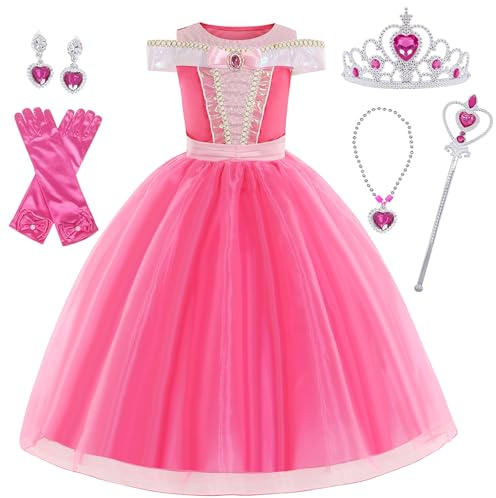 Foierp Prinzessin Aurora Kostümkleid mit kleinen Mädchen Layered Off-Shoulder Kleider Geburtstagsparty Halloween Cosplay Fancy Kleid mit Zubehör