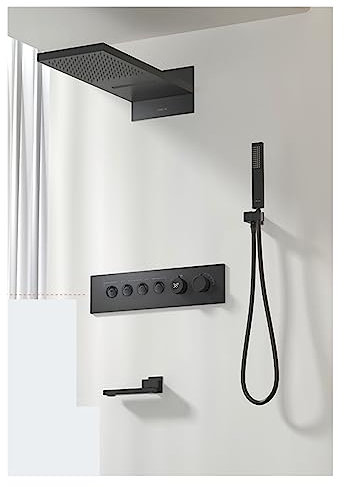 2024 New Luxury Black Brass Shower System,Wall-Mounted LED Digital Display Design,Cold & Hot Dual-Control 4-Function Ceiling Shower Tap LED Shower Panel(Color:4R Matte Black)