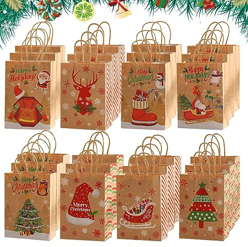 24 Stück Weihnachts Kraft Geschenktaschen,Geschenktüten Weihnachten,Weihnachtsgeschenktüten,Weihnachtsgeschenktüten Wiederverwendbar,Weihnachtspapiertüten mit Henkel (G)