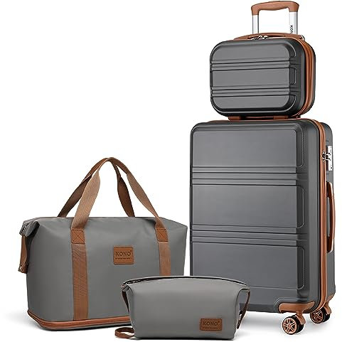 KONO Reisekoffer Set Gepäcksets 4 Teilig Kofferset, 55cm Handgepäck mit Beautycase Kosmetikkoffe mit handgepäck Reisetasche mit Kulturbeutel (Grau/Braun)