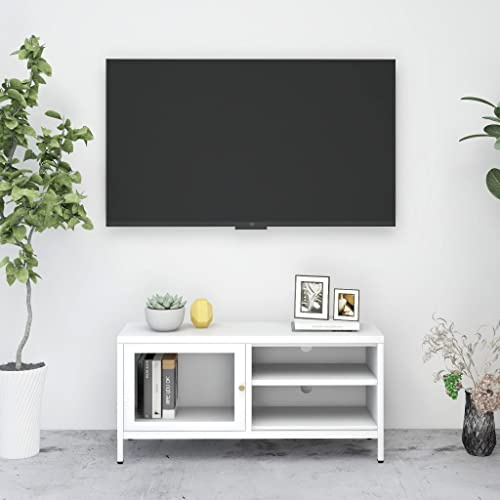 ZQQLVOO Entertainment Center Stand Unit Home Entertainment Center im Wohnzimmer Schlafzimmer TV-Schrank Weiß 90x30x44 cm Stahl und Glas Geeignet für Wohnzimmer Schlafzimmer