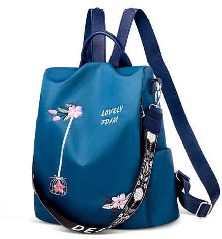 DEEVORCA Zaino Elegante Donna – Zaino Da Donna Elegante In Nylon Impermeabile Con Ricamo Floreale, Convertibile In Borsa A Tracolla, Ideale Per Lavoro, Università E Viaggi (Bleu marine,L)