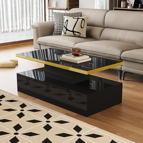 Merax LED Couchtisch Wohnzimmertisch mit Schubladen Hochglanz, Modern Beistelltisch Kaffeetisch mit Zwei Ablageebenen, Multifunktionaler Sofatisch Mitteltisch, 100 x 50 x 39 cm, Schwarz