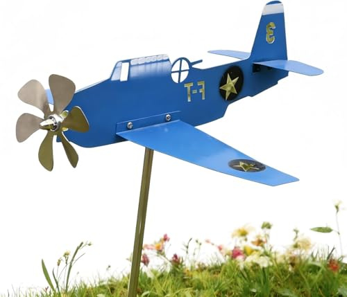 Tissting Girouette d'avion 11,4 Pouces en Fer Bleu Acier Inoxydable avec Pointe de Flèche et Doubles Ailes Moulin à Vent d'avion Décoratif pour Jardin, Patio, Pelouse