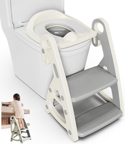 Toilettensitz Kinder mit Treppe, 2-in-1 Toilettentrainer & Tritthocker Kinder, Faltbarer und Höhenverstellbar, Toilettenaufsatz Kinder mit Gepolsterter, Spritz- und Rutschfestes Trittbrett