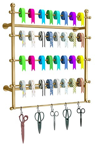 Ribbon Holder Organizer Display Stand 80cm/31.4in Tall Ribbon Storage Rack for Flower/Gift Store, Multi-Layer Metal Silk Scarf Holder with Removable Cross Bar, Wall Mounted ( Color : Gold , Size : Len