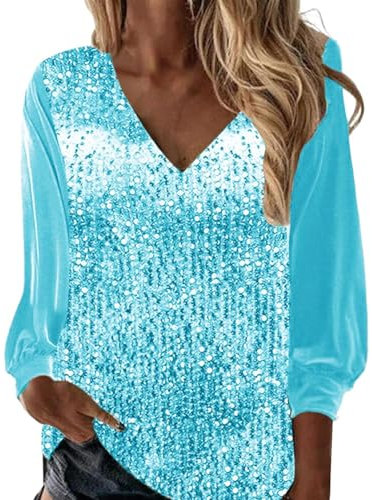 Glitzer Oberteile Damen, Pailletten Glitzer Outfit Top Pullover Silvester Oberteil Bluse Festlich Shirt Elegant Langarm Party Ppulli Glitzerbluse für Frauen Glitzershirt Blusen Tunika