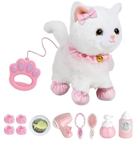 Hojalis Interaktives Plüschtier, Elektronische Haustiere, Katze Elektrisch Spielzeug für Kinder, Katze Kuscheltier, für Kinder Mit Gehen, Bellen, Schwanzwedeln, Kinders Mädchen Junge Geschenk (Weiß)