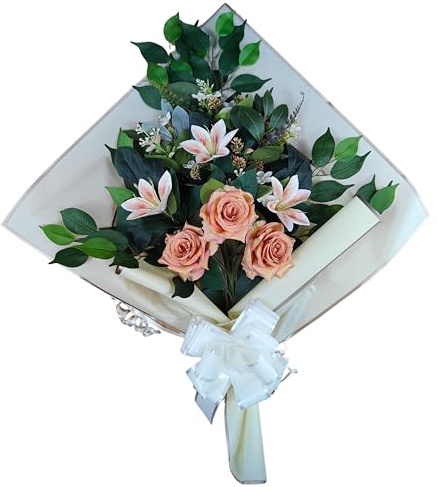 DRW Blumenstrauß für Friedhof, künstliche Blumen mit Vase, 78 x 63 x 20 cm (Lilien und orangene Rosen)