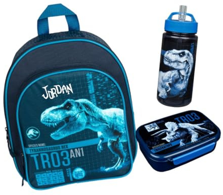 minimutz Kindergartenrucksack Dinosaurier Junge mit Brotzeitdose Trinkflasche - Personalisiert mit Name - Set Kinderrucksack Dino TRex mit Brotdose Trinkbecher