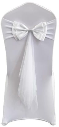 Rockreyoa Satin Stuhlschleifen mit Tüll und Organza – Elegante Stuhlschärpen für Hochzeit, Party, Fest, Bankett, Restaurant & Veranstaltungen Weiß 2 Stück
