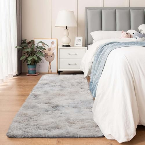 Aspire Homeware mattor vardagsrum – batikfärgade ljusgrå mattor för sovrum, stor halllöpare matta halkfri 80 x 300 cm – moderna supermjuka golvmattor – fluffig lurvig sängmatta för barnrum