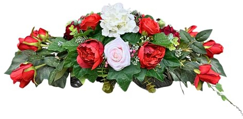 Generisch Grabaufleger aus künstlichen Textil Seidenblumen Rosen länglich 80cm groß XXL Friedhofsgesteck für Totensonntag Beerdigung wie Echt (Rot)
