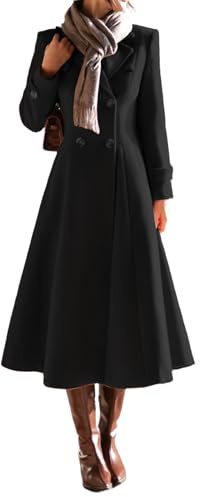 IDEALSANXUN Langer Damen-Trenchcoat aus Wolle, für Herbst und Winter, zweireihig, Peacoat-Jacke, Schwarz, Large