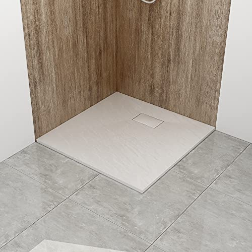 WITEN&NOCK flache SMC Duschtasse 90x90cm Steinoptik Anti-Rutsch 32mm weiß | Ø90mm DIN-Anschluss, bruchfest, zuschneidbar, Vielseitige Montage, hygienisch, einfach zu reinigen für Duschkabine Duschwand