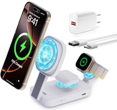 Für Qi2 Faltbar Magsafe Ladestation Kompatibel mit iPhone 17 Pro Max/17/16/15/14/13 für qi2 Ladestation Apple Watch und iPhone Kabelloses Ladegerät für Apple Watch 11/10/9/AirPods Pro/4/3