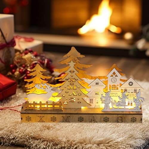 ACAREY Weihnachtsdeko Holz Weihnachtsdorf mit Beleuchtung & Tmer, Weihnachten Lichterbogen Schwibbogen Weihnachtshaus Beleuchtet Weihnachtsstadt Weihnachtshäuser, Weihnachten Village Beleuchtet (B)